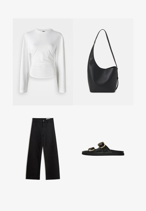 Biela košeľa s dlhým rukávom vyrobená z mäkkej látky. Má priliehavý strih s nariasením v oblasti pásu a okrúhly výstrih.; Čierne denimové nohavice s širokými nohavicami a vysokým pásom, so prednými a zadnými vreckami, šitými švami a zapínaním na gombík. Hladká textúra.; Čierne šľapky s dvoma zlatými prackami, hladký textúrovaný materiál, plochá podrážka a minimalistický dizajn.; Čierna kožená hobo taška so hladkou textúrou, zakriveným tvarom a jedným nastaviteľným popruhom; má široké otvorenie na vrchu.