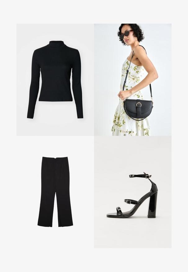 Crni pulover s dugim rukavima i visokim ovratnikom, izrađen od rebraste tkanine. Karakterizira ga prilagođen kroj i suptilna tekstura, bez vidljivih zatvaranja.; Crne hlače ravnog kroja, s prednjim džepovima i bočnim prorezima na rubu. Izrađene od mekog i glatkog materijala. Pogodne za razne prigode.; Crne lakirane sandale na pete sa kvadratnim nosom, trakama oko gležnja i srebrnim kopčama. Imaju čvrst blok petu za stabilnost.; Crna kožna torba s lukovitim oblikom, odvojivim remenom i zlatnim detaljima. Torba ima preklop s kopčom.