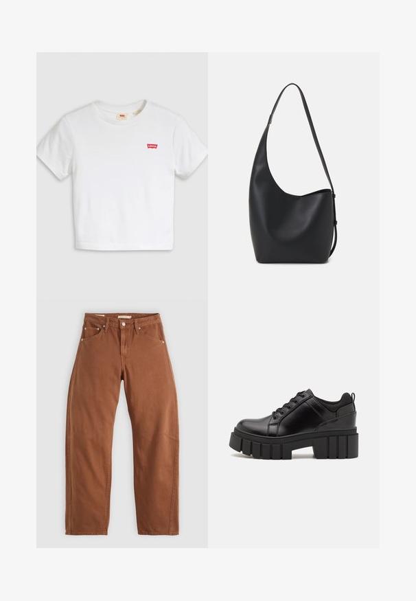 Bela skrajšana majica iz bombaža. Ima okrogel izrez in kratke rokave. Majhen rdeč Levi's logotip na prsih. Gladka tekstura.; Rjavi rjavi ravni hlače z zadrgo in zankami za pas, z zadnjimi in sprednjimi žepi ter kovinskimi zakovicami, razpolagane na beli podlagi.; Črne usnjene platforme z debelim blokastim petam, okroglo konico in klasičnim vezanjem. Imajo gladko teksturo in minimalne podrobnosti.; Črna usnjena hobo torba z gladko teksturo, ukrivljeno obliko in eno nastavljivo naramnico; ima širok odprtina na vrhu.