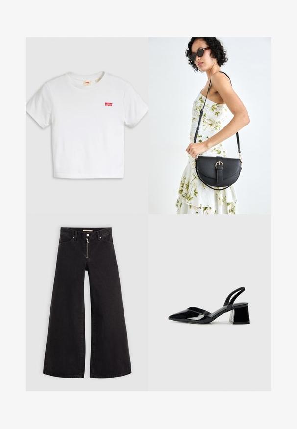 White cropped t-shirt made of cotton. Features a round neck and short sleeves. Small red Levi's logo on the chest. Smooth texture.; Wide-leg jeans in black denim with a zippered front, five-pocket design, and subtle stitching details. Smooth texture and casual style.; Black patent leather slingback heels with a pointed toe and a geometric block heel. Features a sleek, minimal design and smooth texture.; Black leather handbag with a curved shape, detachable strap, and gold hardware. The bag features a flap with a buckle detail.