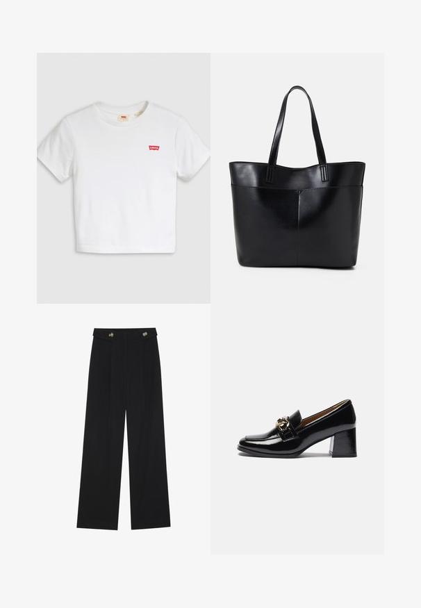 T-shirt branca cropped em algodão. Apresenta decote redondo e mangas curtas. Pequeno logótipo vermelho da Levi's no peito. Textura lisa.; Calças largas pretas com cintura alta, detalhes em botão na cintura e pregas frontais.; Mocassins pretos em verniz com salto, apresentando uma biqueira arredondada, um salto mais robusto e um detalhe em metal dourado na tira frontal.; Bolsa tote preta em couro com duas alças longas, textura suave e forma estruturada. Apresenta um bolso frontal para armazenamento adicional.