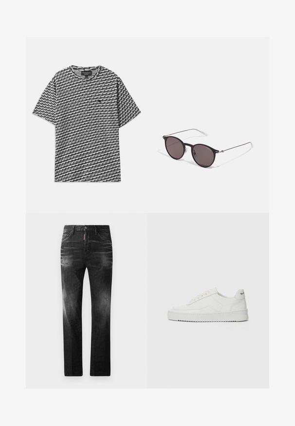 Melna un balta īsām piedurknēm T-kreklā ar viļņu rakstu, apaļš kakls un brīvs piegriezums. Izgatavots no mīksta kokvilnas auduma.; Melni džinsi no denima ar taisnu piegriezumu. Iespējas ietver izbalējušas vietas, nelielas nodiluma pazīmes, klasisko piecu kabatu dizainu un pogu aizdari.; Baltas ādas sneakers ar gludu virsmu, apaļu pirkstu daļu, plakaniem šņorēm un teksturētu zoli. Satur diskrētu logotipu uz papēža.; Melni apaļi saulesbrilles ar tumšiem lēca un plānām metāla stangām. Iekļautas caurspīdīgas tempļu galviņas un sudraba akcenti pie eņģes. Minimalistisks dizains.