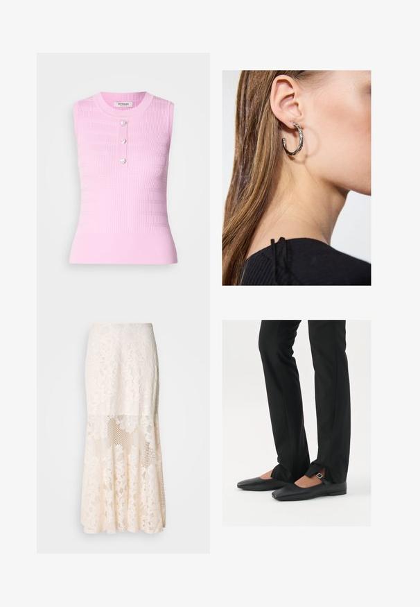 Roosa ilma varrukat pealne, ribakujundusega, ümmarguse kaelusega ja kolme südamekujulise nupuga keskel. Keskmise pikkusega, keha lähedalt järgnev siluett.; Kreemikas lilleline pitsi midi seelik; sisaldab kihilise kujunduse, läbipaistvate osade, tekstureeritud pitsi ja laienevat hemmi.; Mustadast mustast nahast balletkingad terava ninaga, millel on rihm hõbedase klambriga, kokku sobitatud mustade ülikondpükstega, millel on lõhiku serv.; Hõbedane rõngas kõrvarõngas poleeritud viimistlusega, millel on väikesed kuldsed aktsendid ja ümmargune kuju, kantud lobus.