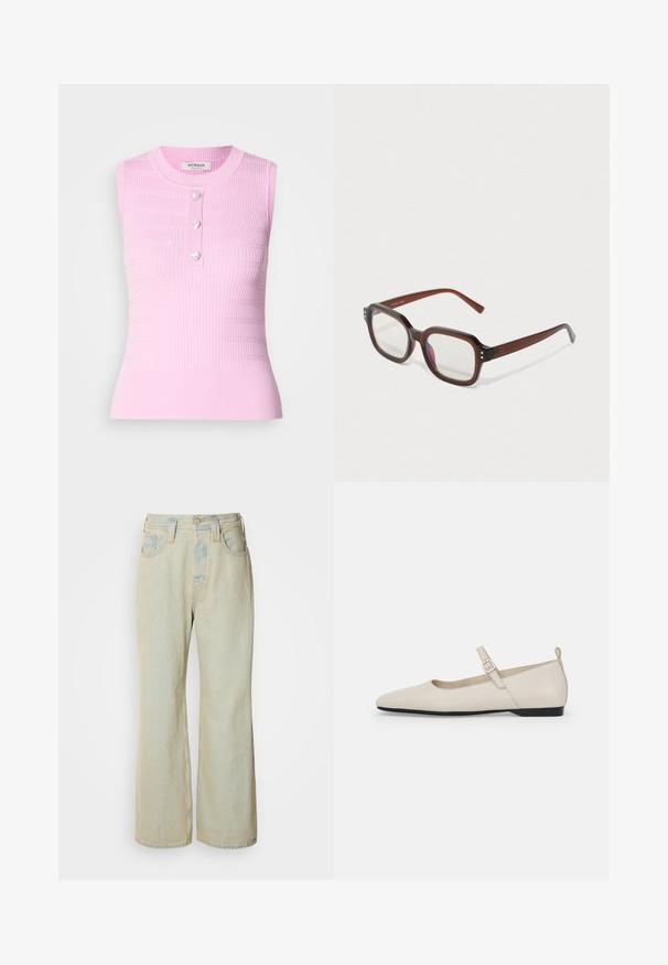 Vaaleanpunainen hihaton paita, jossa on uritettu pinta, pyöreä kaula-aukko ja kolme sydämen muotoista nappia keskellä. Puolipitkä malli, vartalonmyötäinen siluetti.; Vaaleansiniset leveät farkut, joissa on korkea vyötärö, viisi taskua ja hienovarainen haalistuminen kontrastivärisin tikkauksin.; Valkoiset nahka-Mary Jane -flatot, joissa on terävä kärki, sivunappi ja matala musta korko. Sujuva rakenne ja minimalismi.; Ruske läpinäkyvät suorakulmaiset silmälasit, joissa on kirkkaat linssit, hieno violetti heijastus ja pienet kultaiset koristepisteet etukulmissa.; Hopea renkaankorvakoru kiiltävällä pinnalla, jossa on pieniä kultaisia yksityiskohtia ja pyöreä muoto, käytetty korvalla.