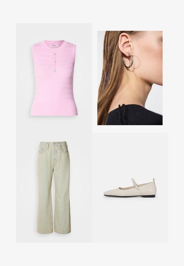 Vaaleanpunainen hihaton paita, jossa on uritettu pinta, pyöreä kaula-aukko ja kolme sydämen muotoista nappia keskellä. Puolipitkä malli, vartalonmyötäinen siluetti.; Vaaleansiniset leveät farkut, joissa on korkea vyötärö, viisi taskua ja hienovarainen haalistuminen kontrastivärisin tikkauksin.; Valkoiset nahka-Mary Jane -flatot, joissa on terävä kärki, sivunappi ja matala musta korko. Sujuva rakenne ja minimalismi.; Hopea renkaankorvakoru kiiltävällä pinnalla, jossa on pieniä kultaisia yksityiskohtia ja pyöreä muoto, käytetty korvalla.