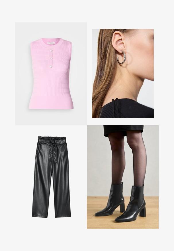 Vaaleanpunainen hihaton paita, jossa on uritettu pinta, pyöreä kaula-aukko ja kolme sydämen muotoista nappia keskellä. Puolipitkä malli, vartalonmyötäinen siluetti.; Mustat tekonahkaleggingsit, joissa on joustava, röyhelöillä varustettu vyötärö ja irrotettava solmiovyö. Sileä pinta ja minimaalinen kiilto.; Mustat nahkasaappaat nilkkamittaisella varrella, terävässä kärjessä, paksussa neliömassassa ja tyylikkäässä muotoilussa. Varustettu joustavilla sivupaneeleilla, jotka helpottavat pukemista.; Hopea renkaankorvakoru kiiltävällä pinnalla, jossa on pieniä kultaisia yksityiskohtia ja pyöreä muoto, käytetty korvalla.