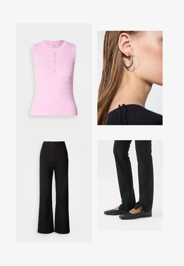 Pink sleeveless top with ribbed texture, round neckline, and three heart-shaped buttons at the center. Mid-length design, form-fitting silhouette.; Black wide-leg trousers with a smooth texture, high waist, and a clean design. No visible pockets or embellishments.; Black leather ballet flats with a pointed toe, strap with silver buckle, paired with black tailored pants featuring a slit hem.; Silver hoop earring with a polished finish, featuring small gold accent details and a round shape, worn on the lobe.