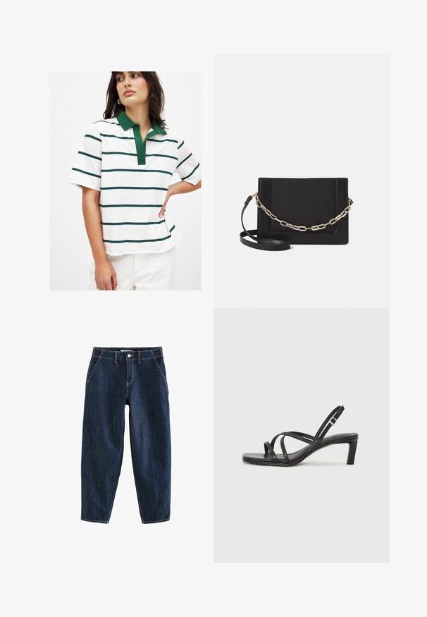 Balts polo krekls ar zaļām un tumši zilām horizontālām svītrām, īsām piedurknēm un zaļu apkakli. Mīkstā kokvilnas auduma, ar brīvu piegriezumu.; Tumši zila džinsu bikses ar brīvu piegriezumu, kurām ir piecas kabatas, pogu aizdare un redzamie šuvju akcenti.; Melnas strappy sandales ar kvadrātveida purngaliem un zemu bloku papēdi. Ievērojamas ar vairākiem plāniem siksniņām un regulējamu potītes siksniņu. Izgatavotas no gludas ādas.; Melna ādas crossbody soma ar gludu faktūru, taisnstūrveida formu un metalizētu ķēdes detaļu priekšā. Iekļauta regulējama siksna.