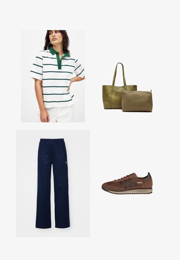 Bela polo majica z zelenimi in temno modrimi horizontalnimi črtami, kratkimi rokavi in zelenim ovratnikom. Mehka bombažna tkanina z sproščenim krojem.; Mornarsko-modri trenirki hlače iz bombažne mešanice s širokim krojem, elastičnim pasom in žepi na zadrgo, opremljene z belimi stranskimi črtami in logotipom.; Rjave semiš športne čevlje z črnimi usnjenimi detajli, tremi črnimi črtami in bež podplatom. Imajo zaobljen toe in teksturirane vezalke.; Olivnozeleni usnjeni tote bag z dvema ročajema, ob njem pa manjša olivnozena platnena torbica z zadrgo. Gladke in teksturirane površine.
