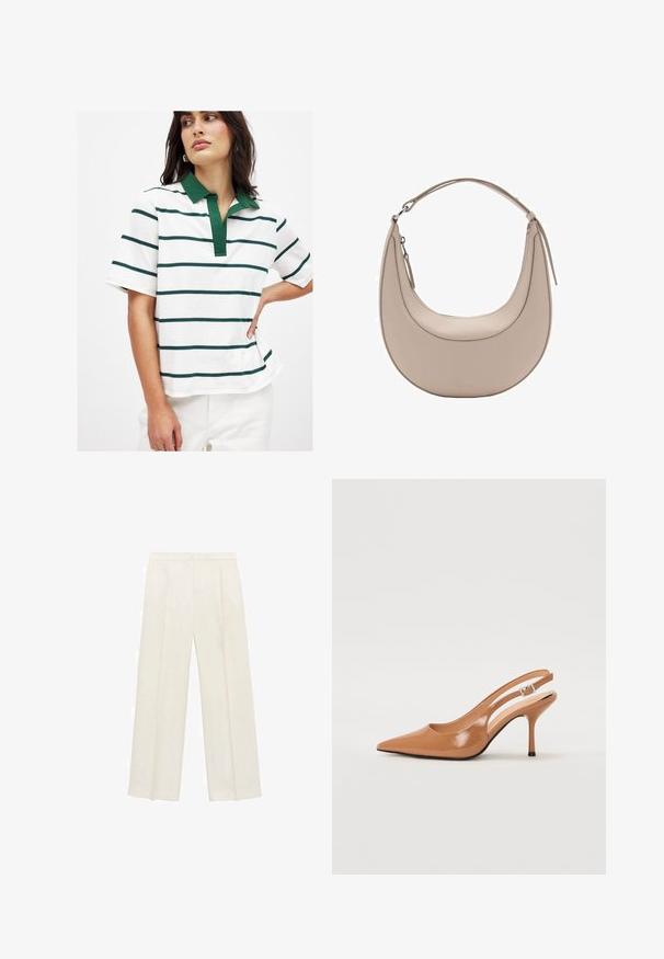 Witte polo met groene en marineblauwe horizontale strepen, korte mouwen en een groene kraag. Zacht katoenen materiaal met een ontspannen pasvorm.; Wijdgevallen broeken in een lichtcrème kleur. Gemaakt van een zachte stof met plooien aan de voorkant en zijzakken.; Puntige slingback hak in een glad, glanzend beige materiaal. Bevat een gebogen uitsnijdontwerp en een slanke stiletto hak. Zilveren gesp detail.; Beige leren schoudertas met een halve maanvorm, een soepele textuur en een enkele gebogen handgreep. Voorzien van een ritssluiting en nette stiksels.