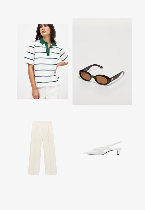 Biała koszulka polo z zielonymi i granatowymi poziomymi paskami, krótkie rękawy i zielony kołnierzyk. Wykonana z miękkiej bawełny, o luźnym kroju.; Spodnie o szerokich nogawkach w jasnym kolorze kremowym. Wykonane z gładkiego materiału, z plisami z przodu i bocznymi kieszeniami.; Biała szpilka na odkrytej pięcie z ostrym noskiem, charakteryzująca się gładką cholewką, subtelnymi wycięciami i niskim obcasem w kształcie bloku. Czarna podeszwa podkreśla design.; Brązowe okulary przeciwsłoneczne w kształcie muszki z owalnymi soczewkami, z cienką oprawką i małym metalowym akcentem z boku. Teksturowane i wypolerowane wykończenie.; Jasnoszara skórzana torebka o zakrzywionym kształcie, ze złotymi elementami, zapięciem na przodzie i przeszyciami. W zestawie regulowany pasek na ramię.