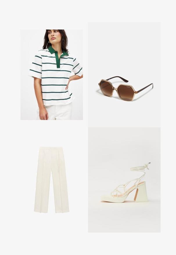 Witte polo met groene en marineblauwe horizontale strepen, korte mouwen en een groene kraag. Zacht katoenen materiaal met een ontspannen pasvorm.; Wijdgevallen broeken in een lichtcrème kleur. Gemaakt van een zachte stof met plooien aan de voorkant en zijzakken.; Witte hoge hakken sandaal met een chunky hak, met een bandjesontwerp en enkelband. Gladde textuur met een plateau voor extra hoogte.; Hexagonale zonnebril met bruine gradient lenzen, transparante beige montuur en donkerbruine pootjes. Bevat 'vogue' branding aan de zijkant.; Bruine leren schoudertas met een gebogen vorm, gouden hardware en een gespaccent. Bevat een afneembare schouderriem.