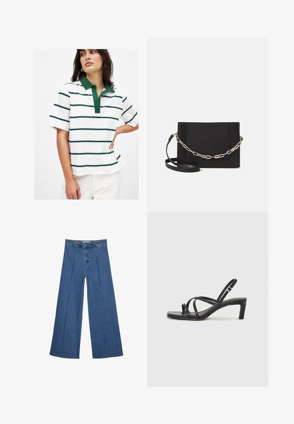 Bela polo majica z zelenimi in temno modrimi horizontalnimi črtami, kratkimi rokavi in zelenim ovratnikom. Mehka bombažna tkanina z sproščenim krojem.; Jeans širokih nogavic v srednji modri barvi, z visokim pasom, gumbom in kontrastnimi navpičnimi šivi spredaj.; Črne natikače s trakovi in kvadratnim prstom ter nizkim blokastim peto. Imajo več tankih trakov in nastavljiv trak okoli gležnja. Narejene so iz gladkega usnja.; Črna usnjena torba čez ramo z gladko teksturo, pravokotno obliko in kovinskim verižnim detajlom spredaj. Vključena je nastavljiva naramnica.