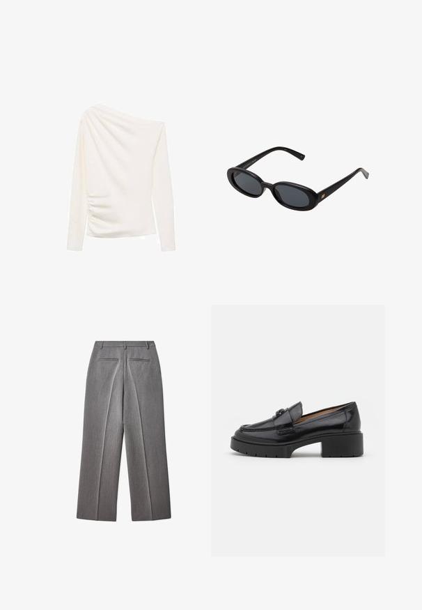 Witte lange mouwen top met een asymmetrisch off-the-shoulder ontwerp, met een gerimpelde textuur aan de ene kant en een gladde afwerking.; Grijze op maat gemaakte broek met een vlakke voorkant, rechte pijpen, twee achterzakken en een subtiele textuur.; Zwarte leren instapper met een lage blokhak, ronde neus, decoratieve strap en een geprofileerde stikselafwerking op de bovenkant. Gladde afwerking.; Zwarte oversized zonnebril met ovale lenzen, een glad plastic montuur en gouden accenten op de pootjes. Donkere lenzen bieden bescherming tegen de zon.; Canvas totebag in crème met marineblauwe accenten. Beschikt over twee lange handvatten, een voorvak en een klein logo. Gestikte details door het hele ontwerp.