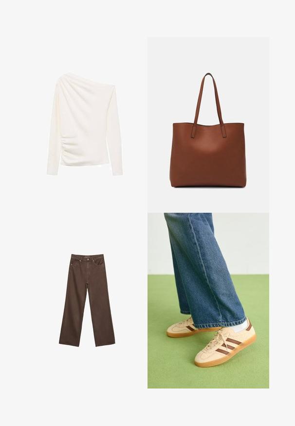 White long-sleeve top with an asymmetrical off-the-shoulder design, featuring gathered texture on one side and a smooth finish.; Wide-leg brown jeans made of denim, featuring a high waist, front pockets, and a classic button closure. Smooth texture with subtle stitching.; Beige sneakers with textured cream panels and brown stripes, paired with blue denim jeans. The jeans have a wide leg and frayed hem.; Brown leather tote bag with a smooth texture, open top design, and two shoulder straps. Features minimal stitching and no visible hardware.