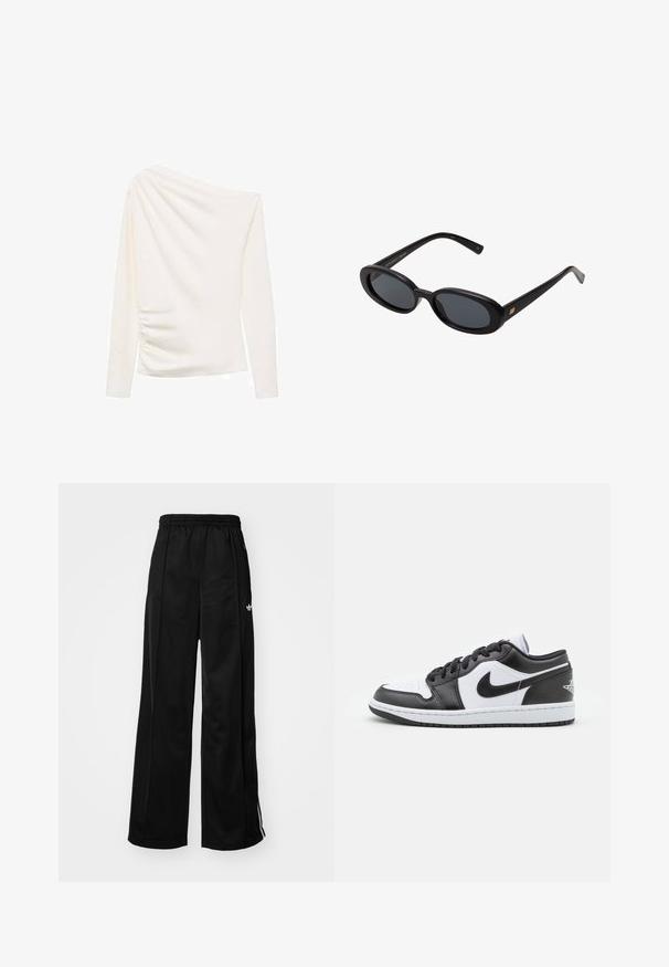 Witte lange mouwen top met een asymmetrisch off-the-shoulder ontwerp, met een gerimpelde textuur aan de ene kant en een gladde afwerking.; Zwarte wijde trainingsbroek met een elastische tailleband, voorzien van witte zijkanten en een klein logo op de linker heup. Stevige stoftextuur.; Zwart-witte Nike lage sneakers hebben een glad leren bovenwerk, een ronde neus, vetersluiting en een gestippelde rubberen zool.; Zwarte oversized zonnebril met ovale lenzen, een glad plastic montuur en gouden accenten op de pootjes. Donkere lenzen bieden bescherming tegen de zon.