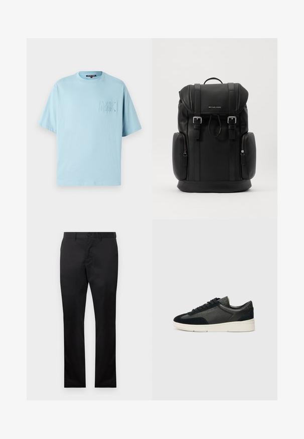 Lichtblauw katoenen T-shirt met korte mouwen, ronde hals en geborduurd "MK" logo op de borst. Zachte textuur en relaxte pasvorm.; Zwarte katoenen broeken met een rechte pijp, uitgerust met een sluiting met een voorste knoop en zijzakken, gladde textuur, zonder zichtbare patronen.; Lage sneakers met een mix van zwart suède en gestructureerd leer, een witte rubberen zool en zwarte veters. Subtiele branding aan de zijkant.; Zwarte leren rugzak met een gestructureerd oppervlak, klepsluiting, metalen hardware, zij-vakjes met rits en het merklogo aan de voorkant.