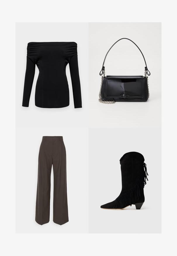 Black, long-sleeved top with off-the-shoulder design. Features gathered detailing at shoulders and a fitted silhouette. Smooth texture.; Dark brown wide-leg trousers with a high waist, featuring neatly pressed creases, smooth texture, and a tailored fit.; Black suede ankle boot with fringe accents, pointed toe, and a mid-heel. Features a clean silhouette with textured detailing.; Black patent leather handbag with a rectangular shape, chain strap, and a distinctive hardware accent in the center. Smooth texture.
