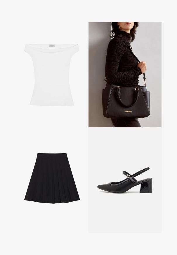 Biely top bez ramienok vyrobený z hladkej tkaniny, priliehavý strih a okrúhly výstrih. Nálepka na hornej časti v strede znie 'ANNA FIELD'.; Čierna plisovaná sukňa vyrobená z textúrovanej látky s priliehavým pásom. Padá do dĺžky po kolená a má hladký, čistý siluetu.; Čierne lakované kožené lodičky so slingback dizajnom, špicatou špičkou, zaobleným výrezom a blokovým podpätkom. Obsahuje akcent zlatého tónu s prackou.; Čierna kabelka s textúrovaným povrchom, dvojitými hornými rúčkami a nastaviteľným ramenným popruhom. Obsahuje zlaté kovanie a bočné vrecká.