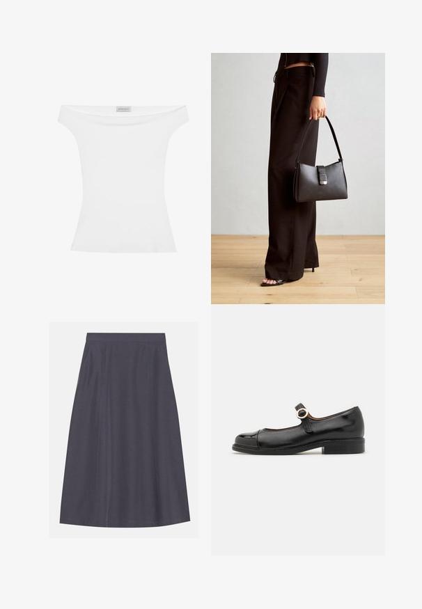 Õlgadelt avatud valge top, mis on valmistatud siledast kangast, sobiv kujundus ja ümar kaeluste kuju. Keskel on silt, millel on kirjas "ANNA FIELD."; A-linase, tumehall seelik, mis on valmistatud siledast kangast, küljetaskutega, puhta vöökoha ja peene õmbluse detailidega.; Must have mustertähe mustat Mary Jane kingad, ümmarguse toe, madala kontsaga ja rihmaga, millel on kuldne ringikujuline pandla. Sile tekstuur ja läikiv viimistlus.; Must musta kott, millel on struktureeritud kuju, sile tekstuur ja metallist klamber. Kombineeritud laiate mustade pükstega ja avatud varvaste sandaalidega puidust põrandal.