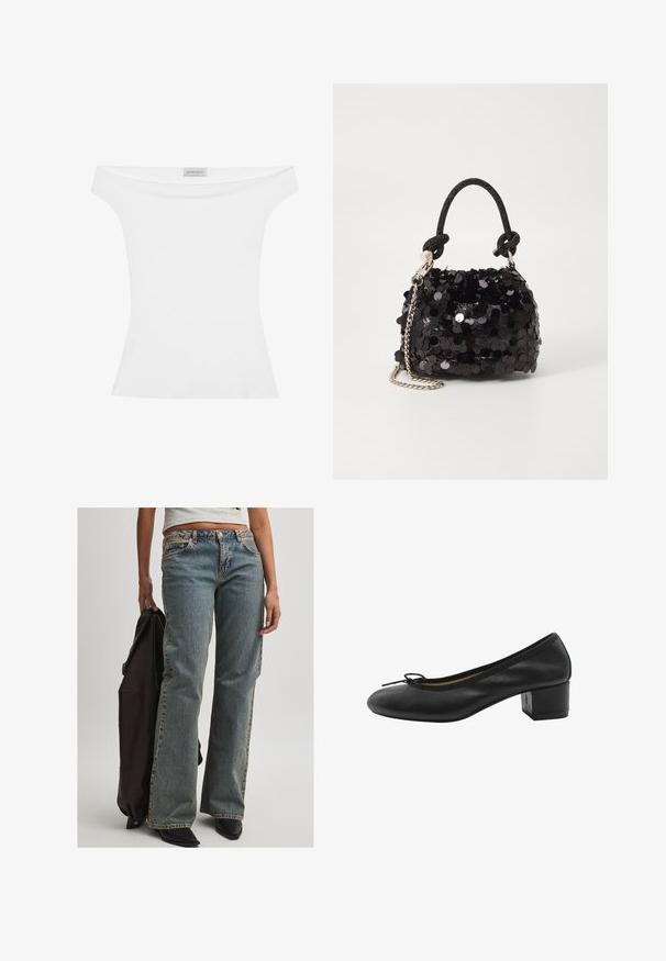 Blusa blanca off-the-shoulder hecha de tela suave, con silueta ajustada y escote redondeado. La etiqueta en la parte superior central dice "ANNA FIELD."; Vaqueros de denim azul claro con un corte relajado, que presentan una cintura de altura media, costuras visibles y un diseño clásico de cinco bolsillos. También hay calzado negro y una chaqueta oscura.; Zapato de tacón de cuero negro con punta redonda, pequeño detalle de lazo en la parte delantera y tacón cuadrado. Textura suave con acentos de diseño mínimos.; Bolso de mano mini negro con lentejuelas, con una correa de textura anudada y cadena plateada. Forma redondeada con parte superior fruncida y detalles reflectantes.