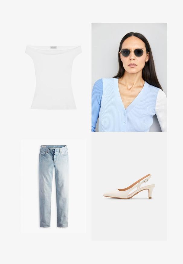 Valkoinen off-shoulder -paita, joka on valmistettu sileästä kankaasta, muotonsa mukainen siluetti ja pyöreä pääntie. Keskellä ylhäällä on etiketti, jossa lukee "ANNA FIELD."; Vaaleansiniset farkut, joissa on suora lahje, kaksi etutaskua ja kaksi takataskua. Mukana kaksi nappia kynnyksessä ja hienovarainen ompelu.; Valkoinen slingback-korkokenkä, jossa on terävä kärki, sileä päällismateriaali, matala lohkokorko ja sivuaukko-design säädettävällä soljella.; Pyöreät aurinkolasit, joissa on tummat linssit ja kultaiset kehykset. Mallilla on päällään vaaleansininen, ribatusta materiaalista valmistettu neuletakki, jossa on napit ja kontrastiväriset valkoiset hihat.; Michael Kors kääröbeige pinnoitettua kangasta, jossa on toistuva MK-logo -kuvio, kultaiset yksityiskohdat ja irrotettava ketjuhihna.