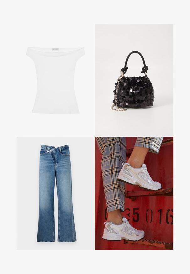 Bijela bluza bez naramenica od glatkog materijala, tijesnog kroja i okruglog izreza. Oznaka na gornjem dijelu središta kaže "ANNA FIELD."; Svijetloplave traperice s izrezom i visokim strukom, s dva gumba i prednjim džepovima. Tkanina ima izblijeđenu teksturu s suptilnim varijacijama.; Bijele mrežaste tenisice sa srebrnim akcentima i teksturiranom potplatom, postavljene na crvenu površinu, u kombinaciji s kariranim hlačama.; Crna mini torbica sa šljokicama, s čvorastim teksturiranim remenom i srebrnim lancem. Zaobljenog oblika s naboranim vrhom i reflektivnim detaljima.