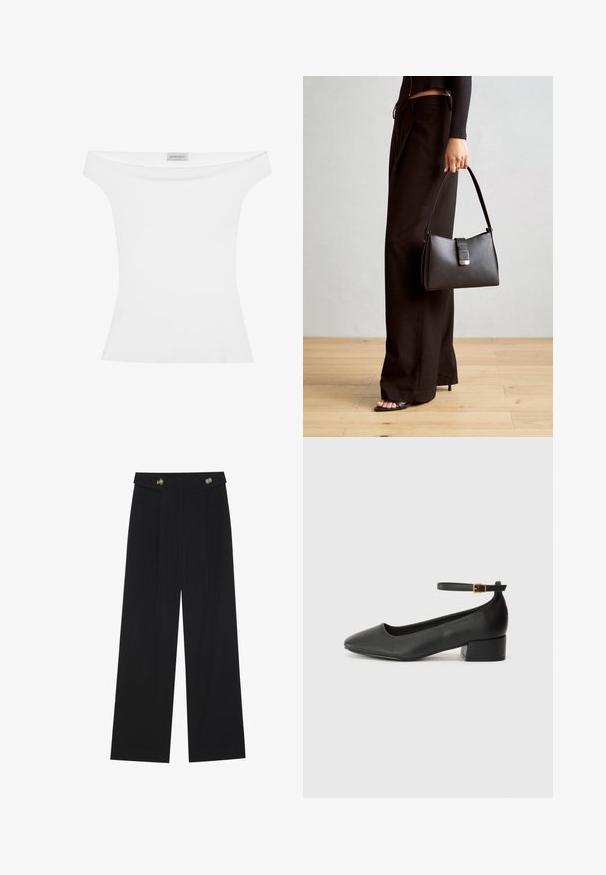 Biały top bez ramiączek wykonany z gładkiego materiału, dopasowany krój i okrągły dekolt. Metka na górnej części centralnej brzmi "ANNA FIELD."; Czarne szerokie spodnie z wysokim stanem, z detalami w postaci guzików na pasku oraz plisami z przodu.; Czarne skórzane szpilki z ostrym noskiem i niskim słupkowym obcasem. Wyposażone w pasek na kostkę z złotym zapięciem. Gładka tekstura.; Czarna torebka o usztywnionym kształcie, gładkiej fakturze i metalowym zapięciem. Połączona z szerokimi czarnymi spodniami i sandałami na otwartym palcu na drewnianej podłodze.