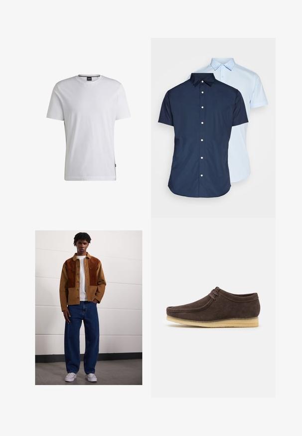 Tricou alb cu mânecă scurtă, fabricat din bumbac. Dispune de un gât rotund și o etichetă de marcă discretă pe lateral. Textură netedă și design simplu.; Tricouri cu maneci scurte, unul bleumarin și unul albastru deschis, cu guler, placket frontal și textură de țesătură netedă.; Bărbat stând în interior, purtând un sacou din corduroy maro cu pete de rugină, tricou alb, blugi largi albaștri și adidași albi.; Pantof brown din suede cu un finisaj neted, vârf rotund și un design minimalist. Dispune de o talpă din cauciuc de culoare deschisă și detalii contrastante la șireturi.