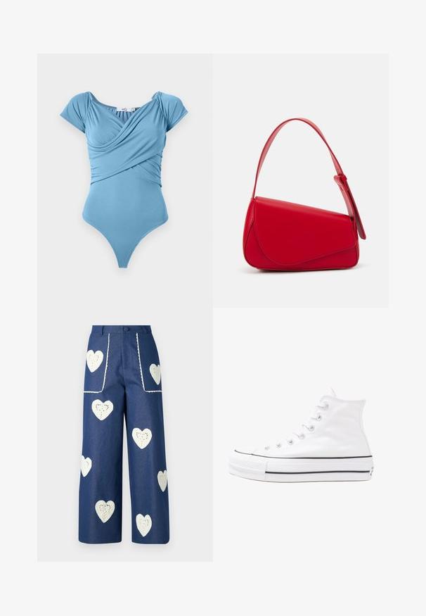 Kék egyrészes fürdőruha ráncolt mellezéttel és gallérpántos ujjal, sima anyagból készült. Magas kivágású lábnyílásokkal és lekerekített hátrészi dizájnnal.; Sister Jane HEART TO HEART - Egyenes szárú farmer - blue denim; Fehér magaskorsó vászon sportcipő fekete gumi talppal, elülső gumi orrnyereggel és hat fűzőlyukkal, letisztult, minimalista dizájnnal.; Piros bőr kézitáska szögletes, geometrikus kialakítással. Egy állítható pánttal és varrott részletekkel ellátott fedélzárral rendelkezik.