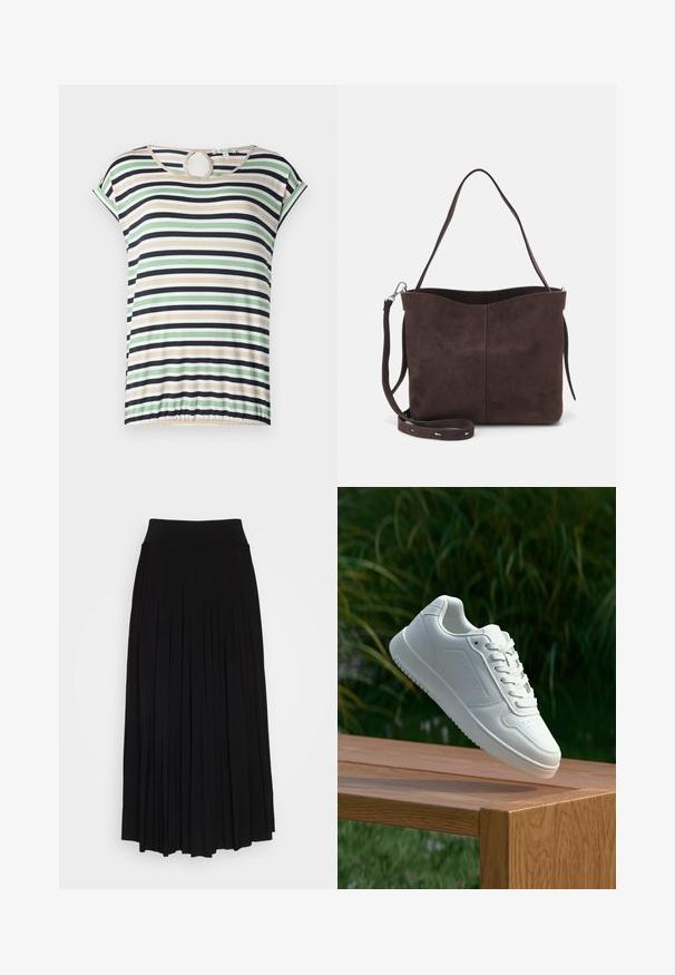 T-shirt às riscas com mangas curtas, apresentando riscas horizontais em verde, bege, preto e branco. Corte circular na gola, com remate franzido.; saia preta plissada com uma cintura alta e elástica. Feita de um tecido macio, com plissados verticais que criam uma silhueta fluida.; Sapatilha branca com um cabedal sintético liso, caixa dos dedos perfurada, atacadores planos e uma sola texturizada, exposta sobre uma superfície de madeira.; Saco tote em camurça castanha com uma textura suave, apresentando uma única alça de ombro e uma abertura superior levemente curvada. Sem detalhes de hardware visíveis.