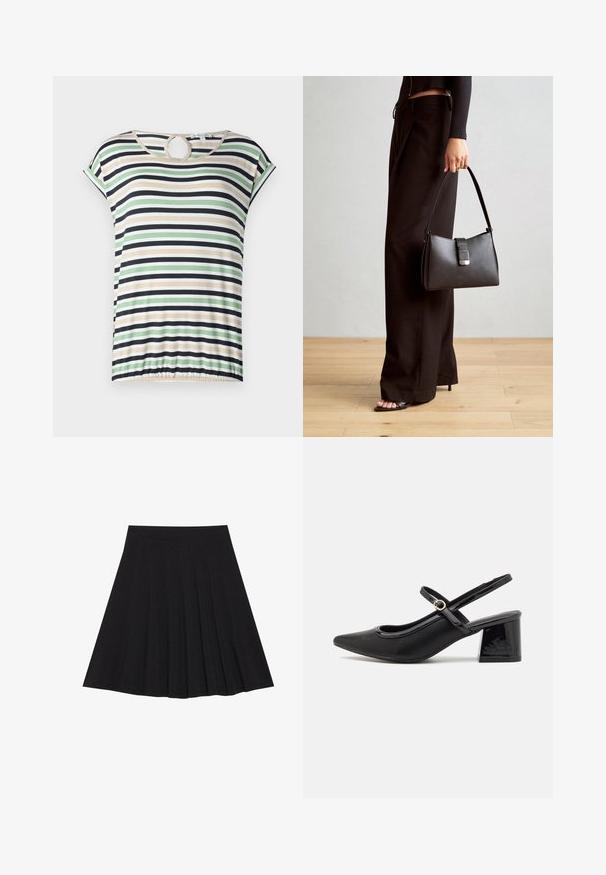 Randig t-shirt med korta ärmar, med gröna, beige, svarta och vita horisontella ränder. Cirkulär utskärning vid halsringningen, draperad fåll.; Svart plisserad kjol gjord av texturerad tyg med en figurnära midjeband. Faller till knä längd och har en slät, ren silhuett.; Svarta lackläder slingback-klackar med spetsig tå, en rundad utskärning och en blockklack. Utsmyckad med en spänne i guldton.; Svart handväska med strukturerad form, slät yta och metallspänne. Matchad med vida svarta byxor och sandaler med öppen tå på trägolv.