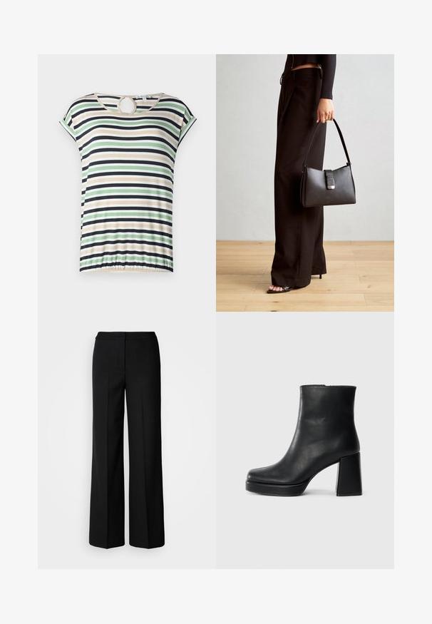 Dryžuota marškinėliai trumpomis rankovėmis, su žaliais, smėlio, juodais ir baltais horizontaliais dryžiais. Apvali išpjova apykaklėje, raukšlėta apačia.; Juodos plačios kojų kelnės su lygia medžiaga, pasižyminčios aukštu liemeniu, pritaikytais siūlėmis ir minimalistiniu dizainu. Nėra matomų metalo detalių ar kišenių.; Juodas odinis kulkšninis botas su bloku ir platformos padu, matomas šoniniu vaizdu ant balto fono.; Juodas rankinė struktūrizuota forma, lygi tekstūra ir metalinis užsegimas. Suporuota su plačiomis juodomis kelnėmis ir atvirais bateliais ant medinių grindų.