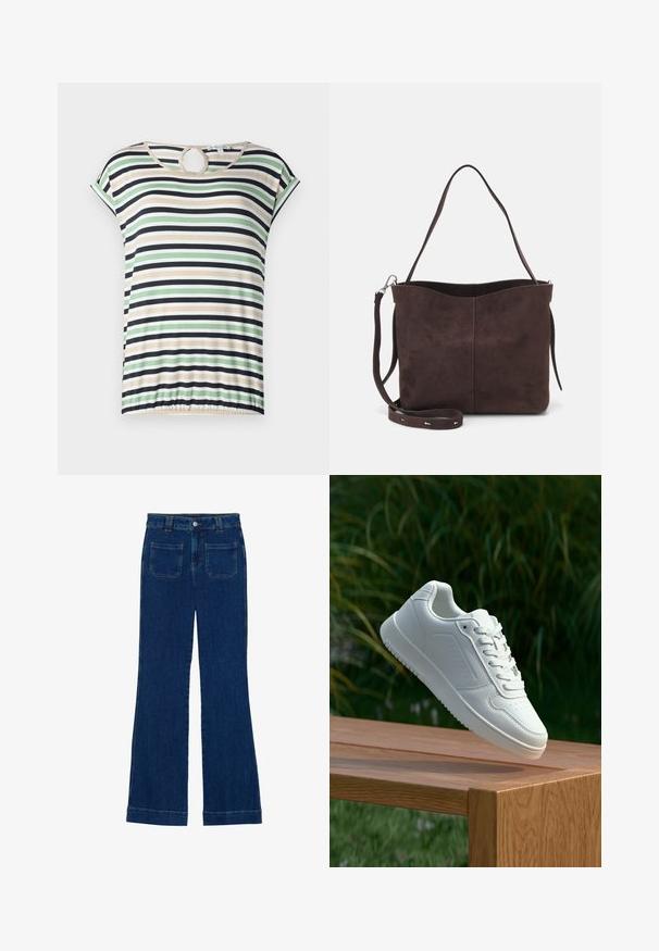 T-shirt às riscas com mangas curtas, apresentando riscas horizontais em verde, bege, preto e branco. Corte circular na gola, com remate franzido.; Jeans flare em denim azul escuro com uma textura suave, design de cinco bolsos e fecho de botão na cintura.; Sapatilha branca com um cabedal sintético liso, caixa dos dedos perfurada, atacadores planos e uma sola texturizada, exposta sobre uma superfície de madeira.; Saco tote em camurça castanha com uma textura suave, apresentando uma única alça de ombro e uma abertura superior levemente curvada. Sem detalhes de hardware visíveis.