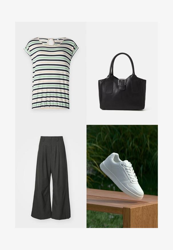 Prušasta majica s kratkimi rokavi, ki ima vodoravne pruge v zeleni, bež, črni in beli barvi. Krožni izrez na vratu, nabrana spodnja stran.; Jaded London GOLIATH TROUSER UNISEX - Hlače - grey; Bela teniska s gladkim sintetičnim zgornjim delom, perforiranim prednjim delom, ravnimi vezalkami in teksturiranim podplatom, prikazana na leseni površini.; Črna usnjena torba s gladko teksturo, strukturirano obliko, dvema ročkama in izrazitim srebrnim sponko na sprednji strani.