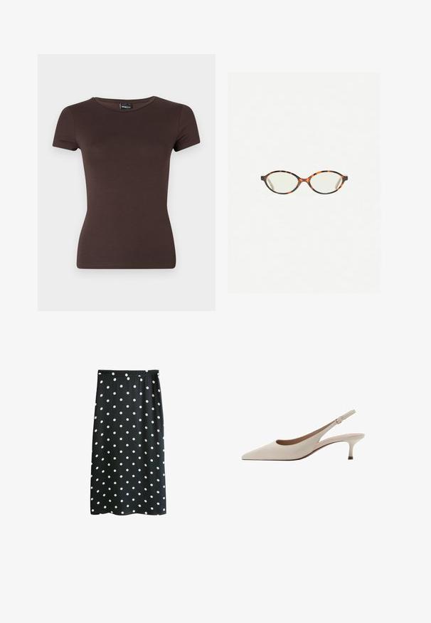 Hnědé tričko s krátkým rukávem, vyrobené z měkké tkaniny s přiléhavým střihem, s kulatým výstřihem a bezšvovými rameny.; Next PETITE FIT - Maxi sukně - polka dot; Béžové lodičky na podpatku s špičatou špičkou a nízkým rozšířeným podpatkem. Vyrobené z hladké kůže s minimalistickým designem a nastavitelným páskem.; Želvovinové brýle s oválnými čočkami a hladkým, jemným povrchem. Má tenké bočnice s jemným zakřivením v chrámcích. Čiré čočky.