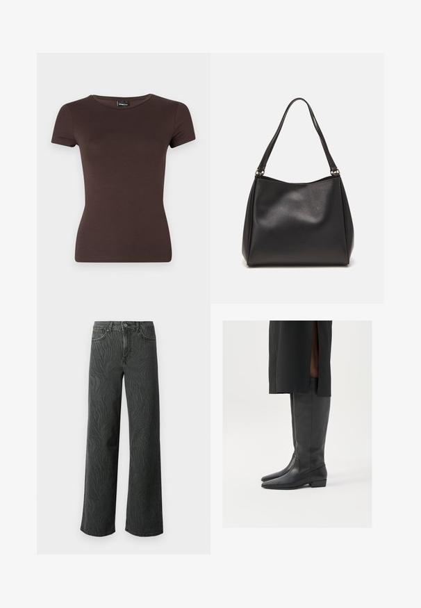 Bruine T-shirt met korte mouwen, gemaakt van zachte stof met een aansluitend ontwerp, voorzien van een ronde halslijn en naadloze schouders.; Brede pijpen jeans in donkergrijs denim, met een subtiele zebra-structuur, contrasterende stiksels en een vijf-pocket ontwerp met een knoopsluiting.; Zwarte laarzen tot de knie van soepel leer met een spitse neus en een lage blokhak; minimaal stiksel en een strakke uitstraling.; Zwarte synthetische leren handtas met een zachte textuur, hobo-vorm en dubbele schouderbanden; heeft een glanzende afwerking en een minimalistisch ontwerp.