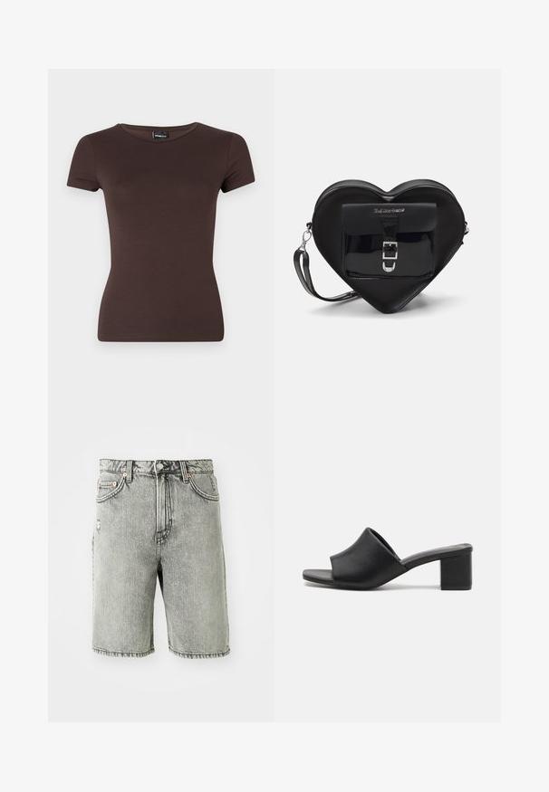 Brun kortærmet t-shirt, lavet af blødt stof med en tætsiddende pasform, der har en rund halsudskæring og sømløse skuldre.; Grå denim shorts med et klassisk fem-lomme design, en slidt finish og syet detaljering ved kanten og taljen.; Sorte læder mules med blokhæl og åben tå, med en glat overflade og let buet overdelsdesign for komfort og stil.; Sort hjertetask lavet af patentlæder med en frontlomme, der har en spænde-lukning og en aftagelig rem. Sølv hardware accenter.