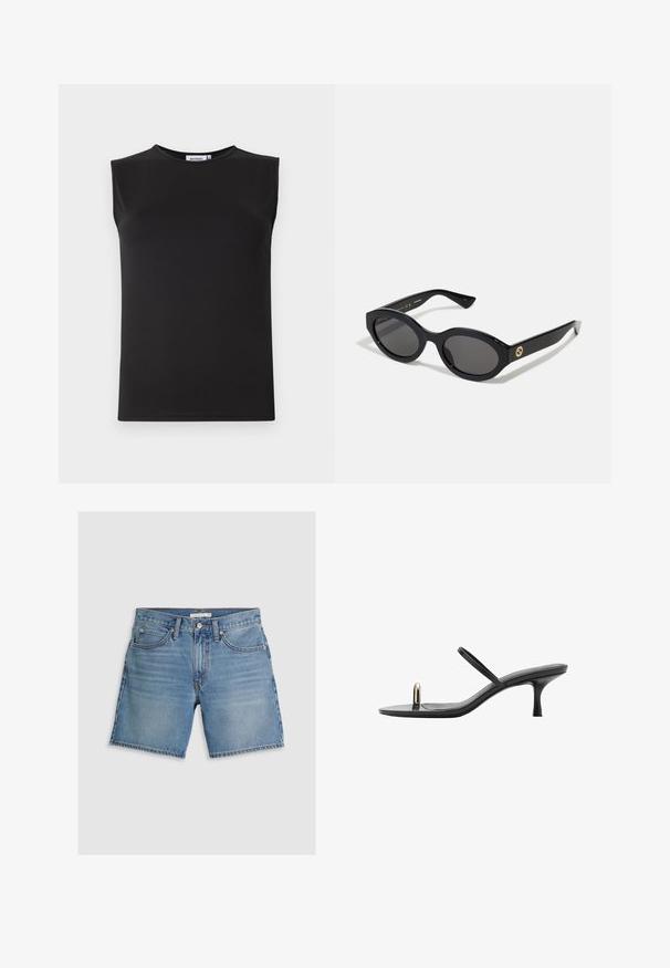 Haut sans manches noir en tissu lisse et extensible. Présente un col rond et une silhouette ajustée. Pas de motifs ni d'accents visibles.; Shorts en jean bleu clair, avec une coupe droite, cinq poches et une fermeture à bouton. Fabriqués en coton avec une texture lisse.; Sandale à talon noir avec un design épuré, dotée de fines lanières et d'un accent avant unique. Texture lisse avec un bout pointu et un talon de 7,5 cm.; Lunettes de soleil ovales noires avec des verres sombres et une monture en plastique brillant. Présente un logo doré sur la branche, offrant un design épuré et moderne.; Tote bag noir tissé avec des poignées doubles et une bandoulière détachable. Caractérisée par un haut ouvert et un matériau texturé et léger.