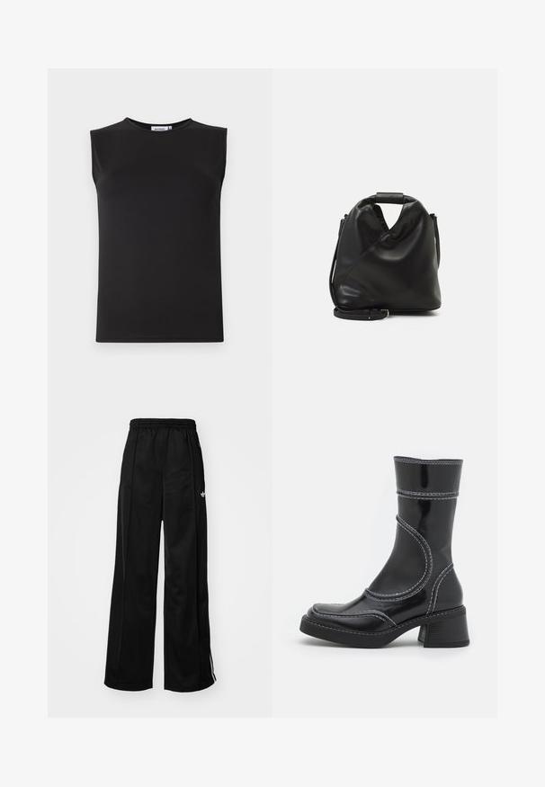 Musta hihaton toppi sileästä, venyvästä kankaasta. Ominaisuuksiin kuuluu pyöreä pääntie ja vartalonmyötäinen siluetti. Ei näkyviä kuvioita tai yksityiskohtia.; Musta leveälahkeinen treenihousut, jossa on elastinen vyötärö, valkoiset sivutossut ja pieni logo vasemmassa lonkassa. Silkkinen kangastunne.; Musta lakattu nahkasaapas nilkkamallissa, jossa on valkoiset ompeleet, pyöreä kärki ja lohkarekorko. Ominaisuuksiin kuuluvat kaarevat muotoilulinjat ja sileä pinta.; Mustan, pehmeän nahkabagin ainutlaatuinen kierretty muotoilu. Varustettu lyhyellä kahvalla ja irrotettavalla olkahihnalla. Minimalistinen tyyli.