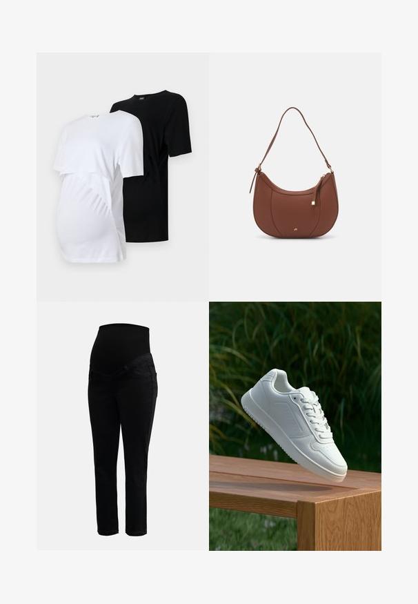 Kaks rasedust-särki: üks valge ja üks must. Igas on lühikesed varrukad, ümara kaeluse disain ning külgedel on muredetailid mugavuse tagamiseks.; Mustad rasedusjeansid, millel on veniv kõrge vöökoht ja kitsad sääred, disainitud mugavuse ja toe tagamiseks raseduse ajal.; Valged sneakerd, millel on sile sünteetiline ülemine osa, väikeste aukudega varvaskast, lamedad paelad ja tekstuuriga tald, eksponeeritud puidust pinnal.; Pruun faux nahast õlaline kott, millel on kaarjas kuju, minimaalne õmblemine ja kuldse tooni metallist aksessuaar. Omab ülemist tõmblukku ja reguleeritavat rihma.