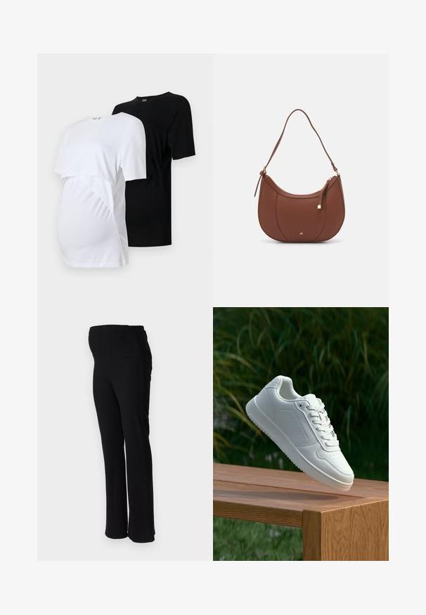 Divas divām T-krekli: viens balts un viens melns. Katram ir īsas piedurknes, apaļa kakla izgriezums un ruņķētas sānu detaļas komforta nodrošināšanai.; ONLY MATERNITY OLMHALLE - Auduma bikses - black; Baltie sporta apavi ar gludu sintētisku augšpusi, perforētu pirkstu daļu, plakani šņorēm un rakstainu zoli, novietoti uz koka virsmas.; Brūns mākslīgās ādas pleca soma ar izliekta forma, minimāls šuvums un zelta toņa aparatūras akcenti. Aprīkota ar augšējo rāvējslēdzēju un regulējamu siksnu.