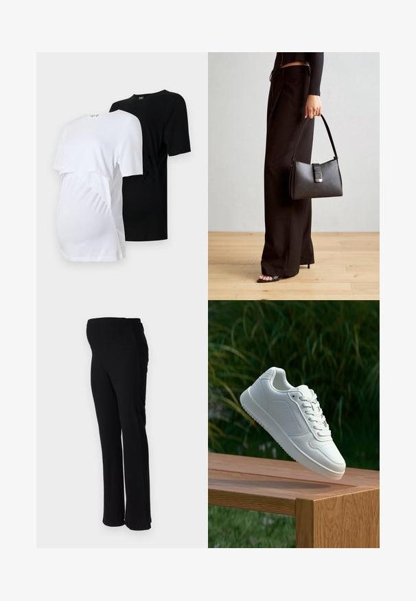 Du metiniai marškiniai nėščioms moterims: vienas baltas ir vienas juodas. Kiekvienas turi trumpas rankoves, apvalų iškirpimą ir surišimo detalę šonuose patogumui.; ONLY MATERNITY OLMHALLE - Kelnės - black; Balti sneakeriai su lygia sintetine viršutine dalimi, perforuota pirštų zona, plokščiomis raištelėmis ir tekstūruotu padu, padėti ant medinės paviršiaus.; Juodas rankinė struktūrizuota forma, lygi tekstūra ir metalinis užsegimas. Suporuota su plačiomis juodomis kelnėmis ir atvirais bateliais ant medinių grindų.