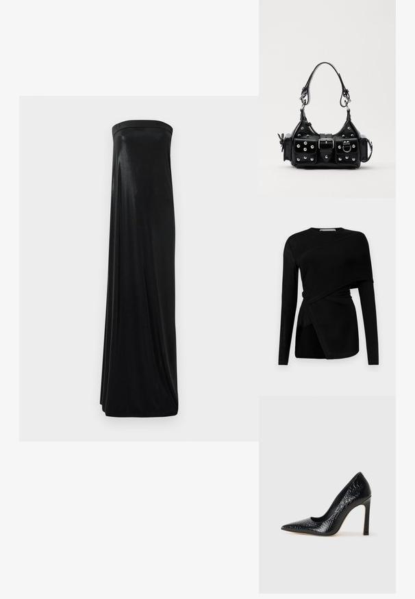 Black long-sleeve top with asymmetrical design, featuring a draped overlay and side slit. Made from lightweight, smooth fabric.; Black strapless maxi dress made of smooth, shiny fabric. Features a fitted bodice and flowing silhouette, reaching the floor without embellishments.; Black pointed-toe high heel shoe with a crocodile-skin texture, featuring a sleek design, high stiletto heel, and smooth black interior.; Black leather handbag with a curved design, featuring silver studs, a buckle, and two side pockets. Adjustable strap for carrying options.