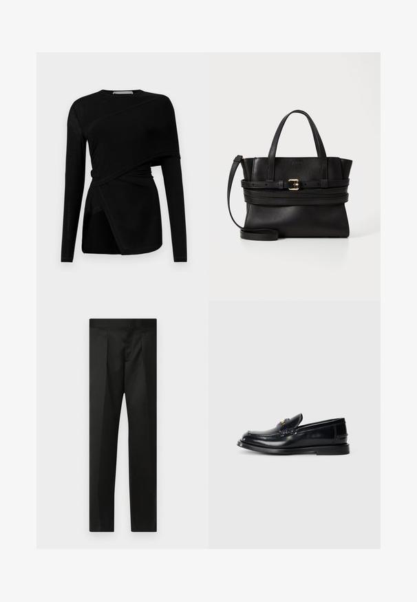 Melna garu piedurknu krekls ar asimetrisku dizainu, kura priekšā ir plūstoša apdare un sānu šķirba. Izgatavots no viegla, gluda auduma.; Melnas bikses ar gludu audumu, pielāgotu dizainu, taisnām kājām un platu jostu bez redzamām aizdaram vai kabatām.; Melna ādas loaferi ar izšuvuma dizainu, nelielu priekšējo atloku un plakanu gumijas zoli. Gluda tekstūra ar zeltainām detaļām.; Melna ādas rokassoma ar strukturētu dizainu, divām augšējām rokturiem, noņemamu siksnu un zelta sprādzi, kas akcentē horizontālo joslu.