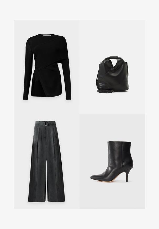 Schwarzes langärmliges Oberteil mit asymmetrischem Design, das eine drapierte Überlagung und einen seitlichen Schlitz aufweist. Hergestellt aus leichtem, glattem Stoff.; Weite Hosen in Dunkelgrau, mit glatter Textur, Falten und einem Gürtel mit silberner Schnalle in hoher Taille.; Schwarze Leder-Ankle Boots mit spitzem Zeh, schlankem Stiletto-Absatz und glatter Textur. Minimalistisches Design ohne sichtbare Beschläge oder Akzente.; Schwarze, weiche Ledertasche mit einem einzigartigen verdrehten Design. Hat einen kurzen Griff und einen abnehmbaren Schultergurt. Minimalistischer Stil.