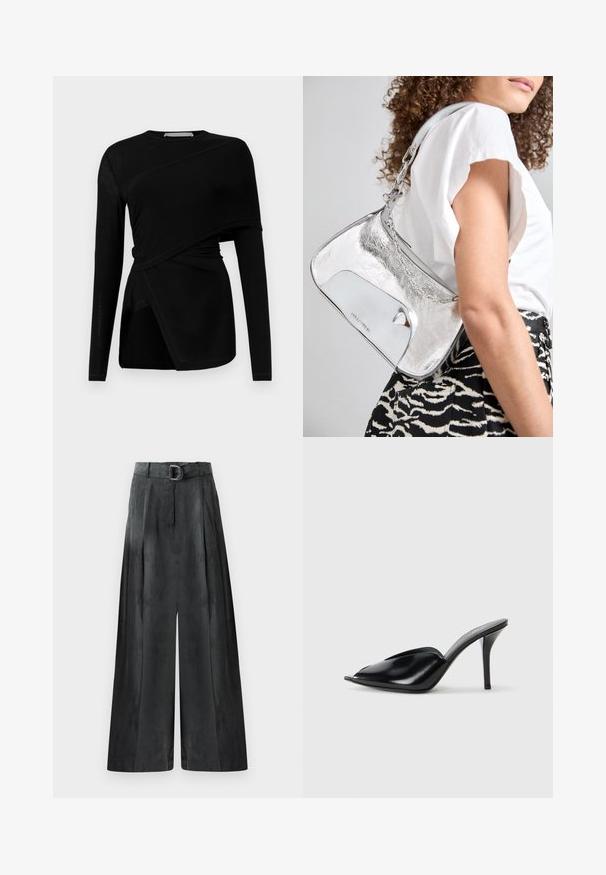 Zwarte lange mouwen top met asymmetrisch ontwerp, voorzien van een gedrapeerde overlay en een zijspleet. Gemaakt van lichtgewicht, soepel materiaal.; Wijde broek in donkergrijs, met een gladde textuur, plooien en een riem met een zilveren gesp op de hoge taille.; Zwarte leren muiltjes met hoge hakken, open teen, spitse vorm, gladde textuur en een slanke stiletto-hak.; Zilverkleurige schoudertas van metaal met een gladde textuur, gebogen ontwerp, kettinghengsel en een gepolijste voorpaneel met een subtiele logo-engraving.