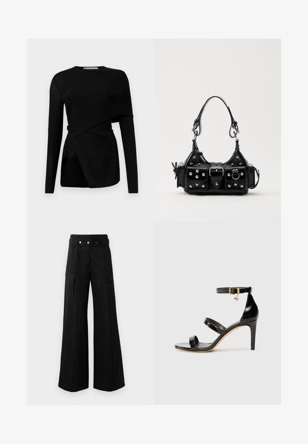 Top nero a maniche lunghe con design asimmetrico, caratterizzato da un sovrapposto drappeggiato e una fessura laterale. Realizzato in tessuto leggero e morbido.; Pantaloni neri a gamba larga con vita alta, dotati di ampie tasche laterali, due bottoni frontali e un dettaglio a anello. Realizzati in un tessuto resistente.; Sandalo in pelle verniciata nera con tre cinturini, fibbia alla caviglia e tacco a stiletto di 10 cm. Presenta dettagli in hardware dorato e un charm con logo.; Borsa a mano in pelle nera con design curvo, caratterizzata da borchie argentate, una fibbia e due tasche laterali. Tracolla regolabile per diverse opzioni di trasporto.