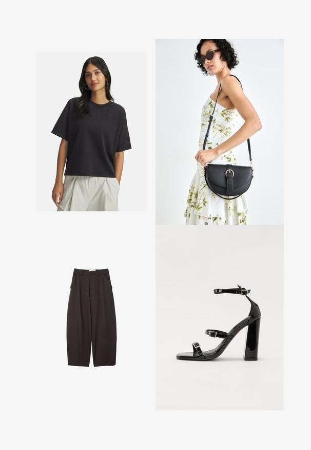 Ženska z dolgimi temnimi lasmi, oblečena v ohlapen črn kratkolisni T-shirt in svetle bež hlače z visokim pasom, stoji z eno roko v žepu.; Črne široke hlače iz gladkega materiala, z visokim pasom, zgornjimi pregibi in stranskimi žepi. Preprost dizajn brez okrasnih elementov.; Črne lakirane sandale s peto, kvadratnim prstom, trakovi okrog gležnja in srebrnimi zaponkami. Opremljene so s stabilno Debelo peto.; Črna usnjena torbica s ukrivljeno obliko, z odstranljivo naramnico in zlatimi dodatki. Torbica ima pokrov s podrobnostmi v obliki zaponke.