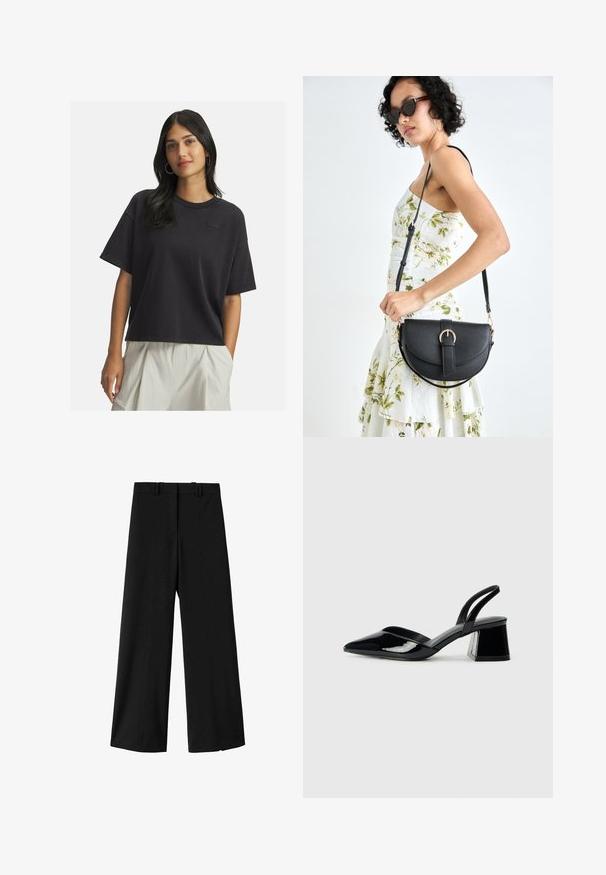 Mujer con el cabello largo y oscuro, vestida con una camiseta negra de manga corta y holgada, y pantalones de tiro alto en color beige claro, de pie con una mano en el bolsillo.; Pantalones de pierna ancha negros con un tejido suave, cinturilla estructurada y dos líneas de pliegue en la parte delantera, que ofrecen una apariencia ajustada.; Zapatos de tacón slingback de charol negro con punta afilada y tacón geométrico en bloque. Presentan un diseño elegante y minimalista, así como una textura suave.; Bolso de piel negra con forma curva, correa desmontable y herrajes dorados. El bolso cuenta con una solapa con un detalle de hebilla.